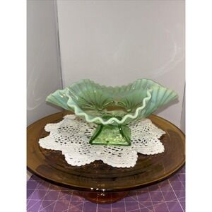 Jefferson Glass Co. Antique-VTG Green Opalescent Glass Fluted Pedestal Bowl